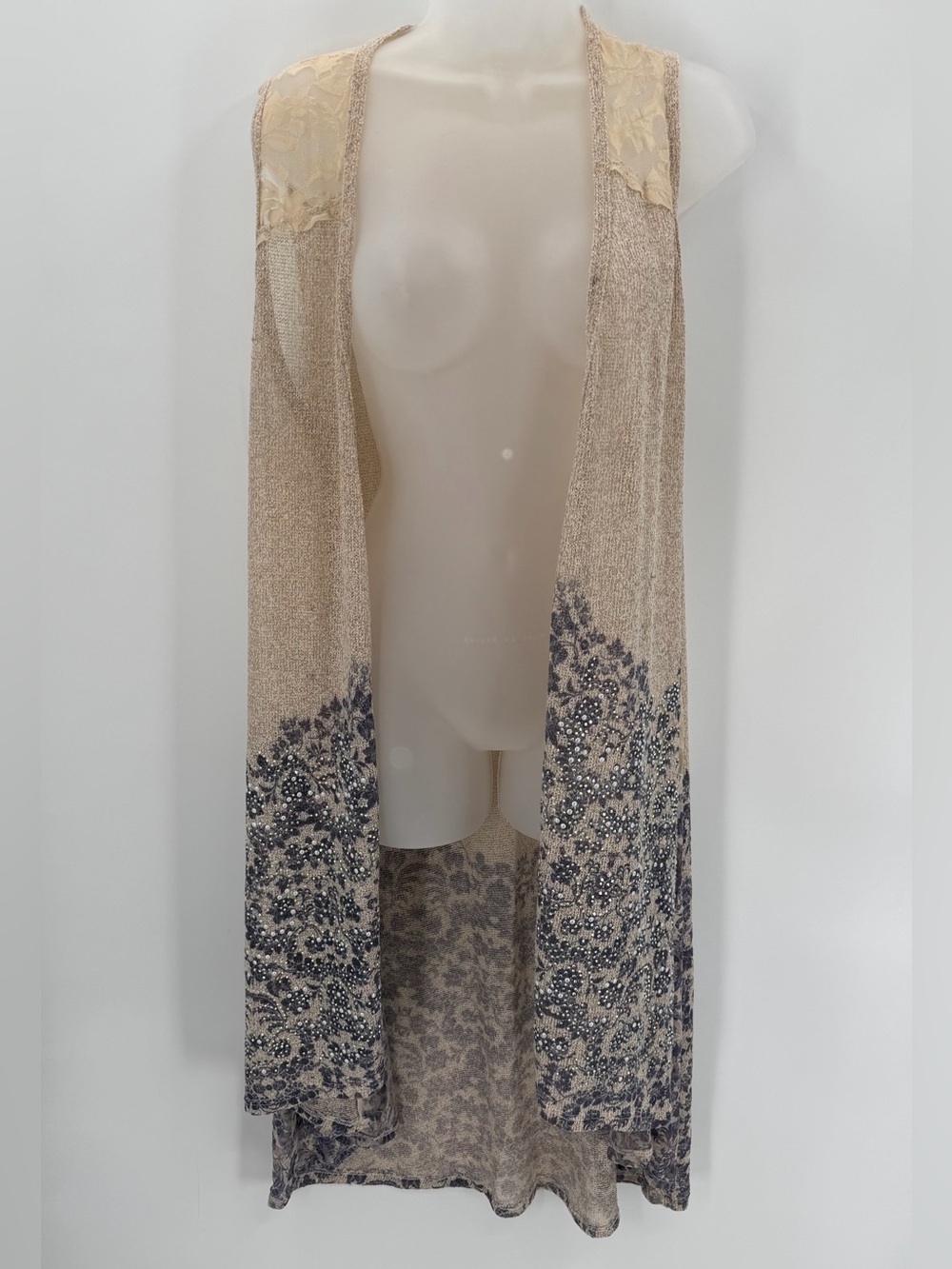 Vocal Vest Women’s XL Beige Blue Floral Embellished Lace Open Long Sleeveless